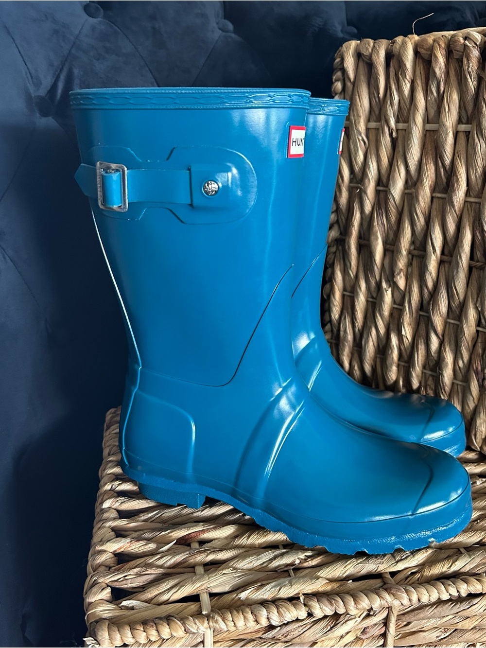 Hunter classic short gloss Teal-Blue Waterproof Rain Boots with Side Buckle